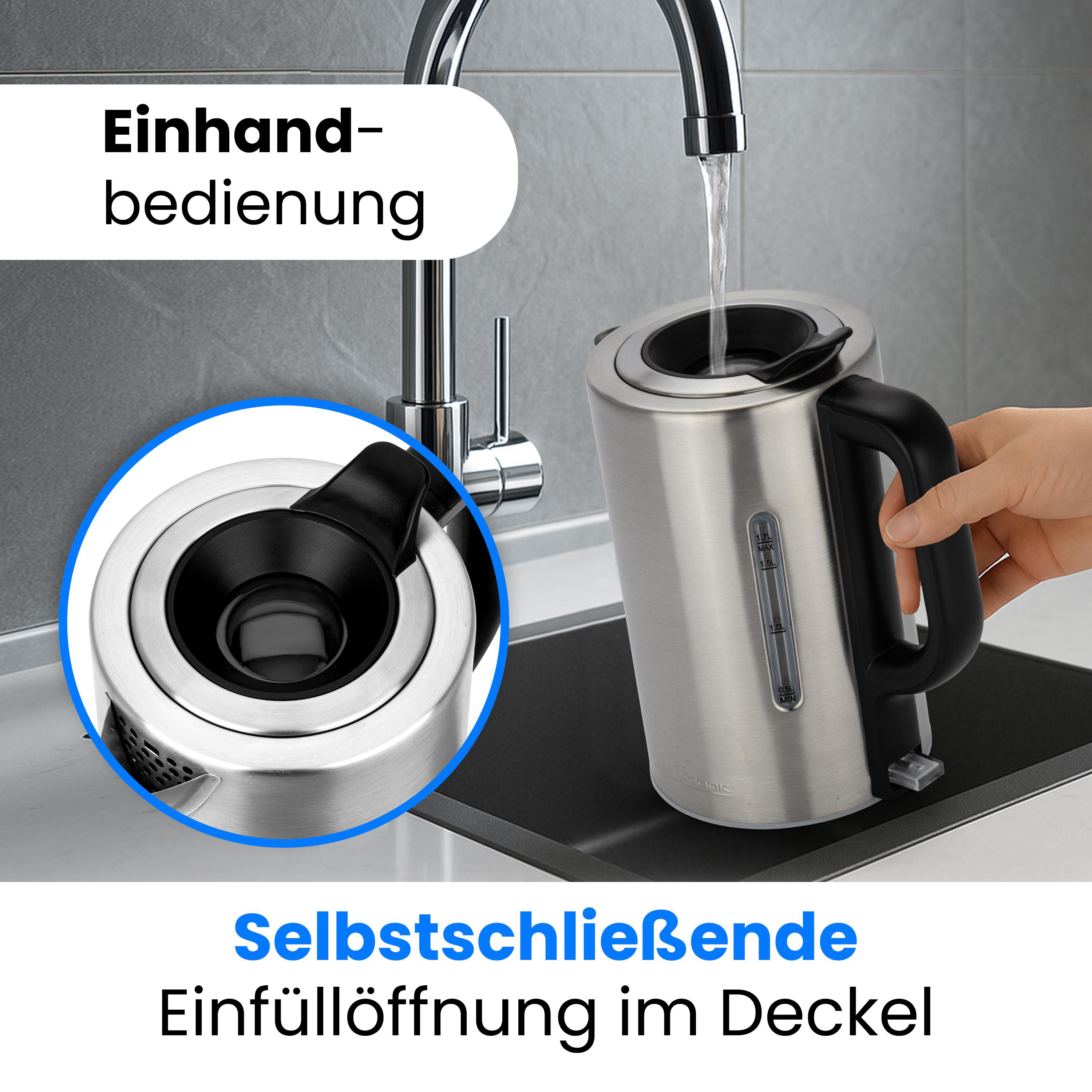 Ein Wasserkocher wird unter einem Wasserhahn befüllt. Nahaufnahme des Deckels.