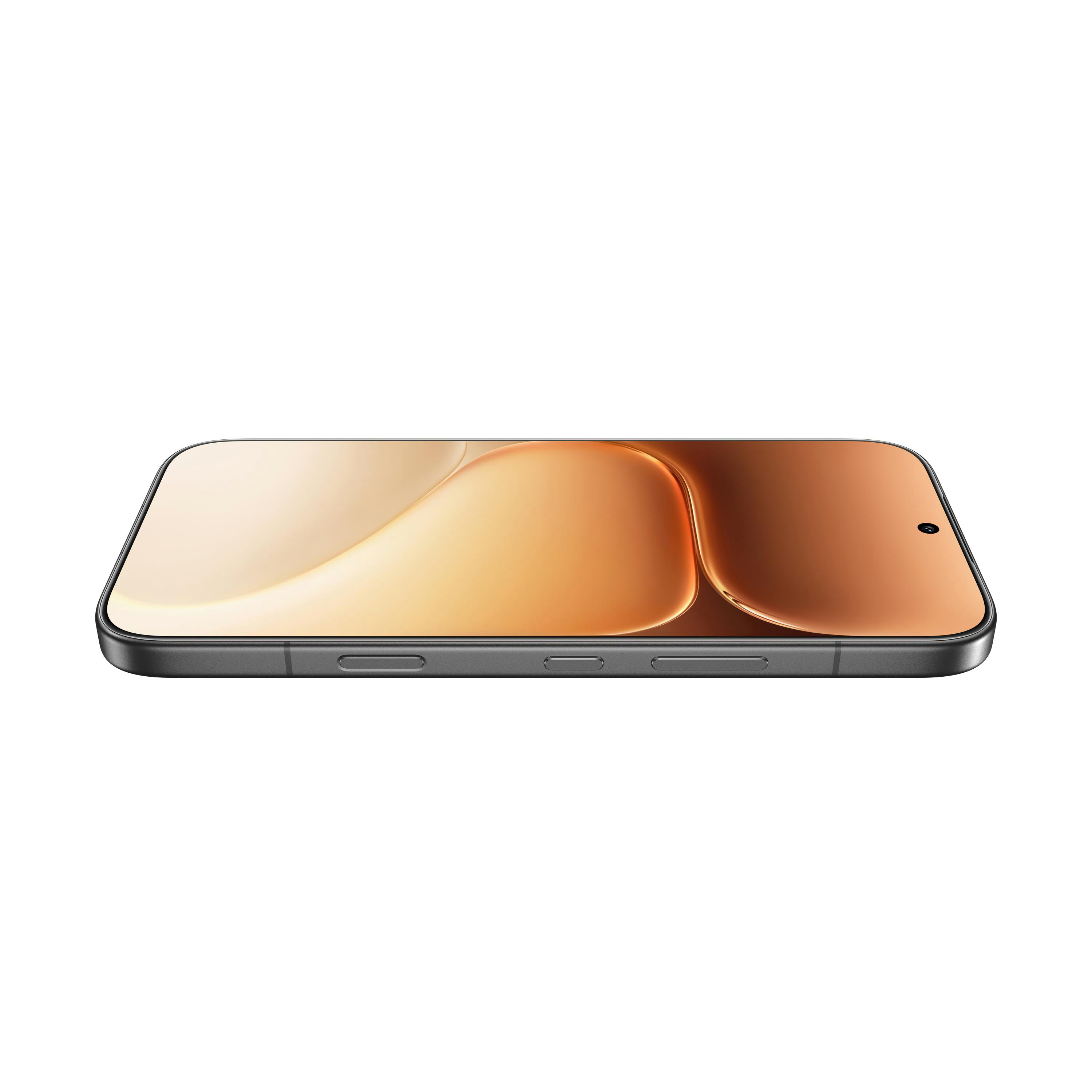 Ein graues Smartphone mit einem bronzefarbenen Display und einem Loch für die Kamera.