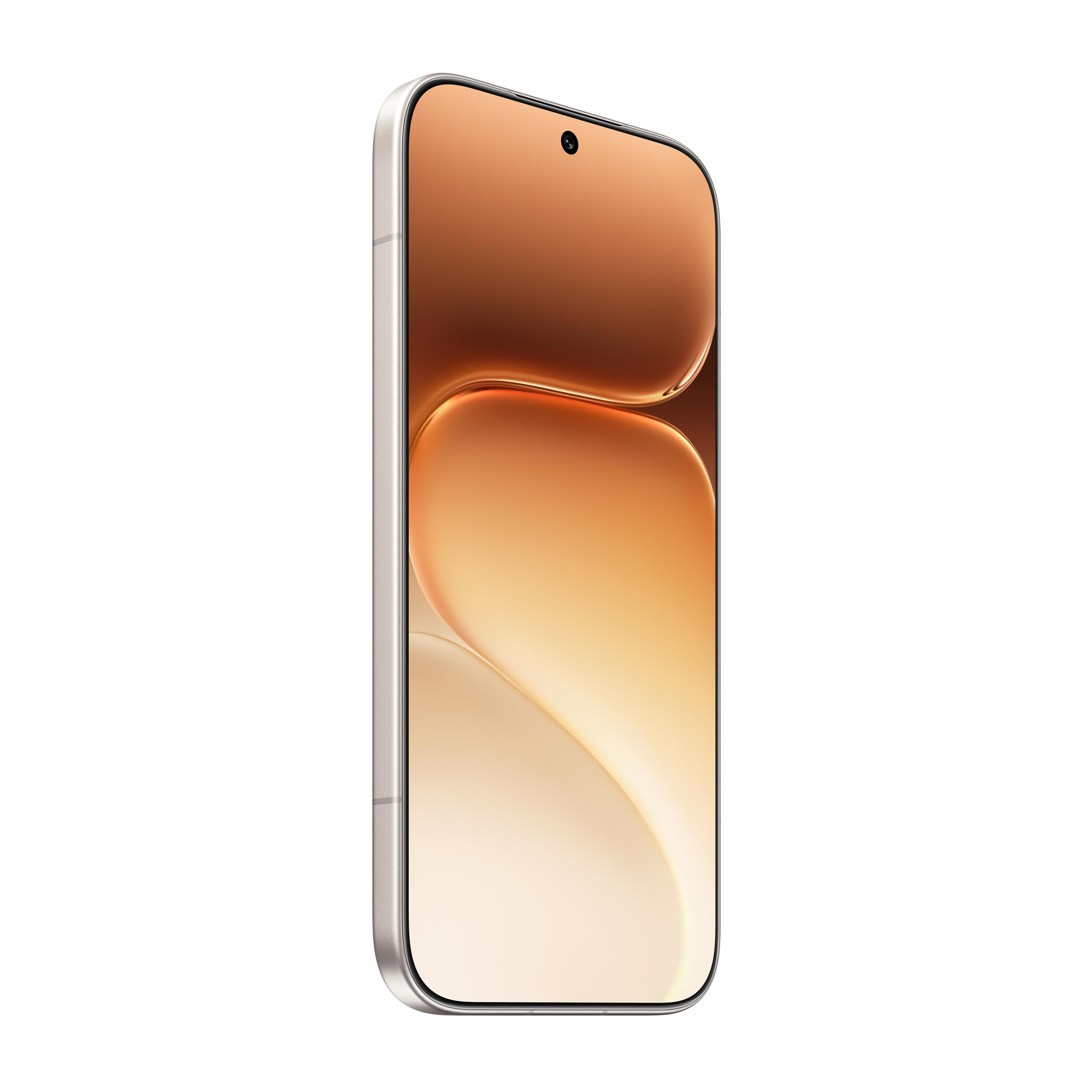 Ein silbernes Smartphone mit einem bronzefarbenen Display und einer Frontkamera.