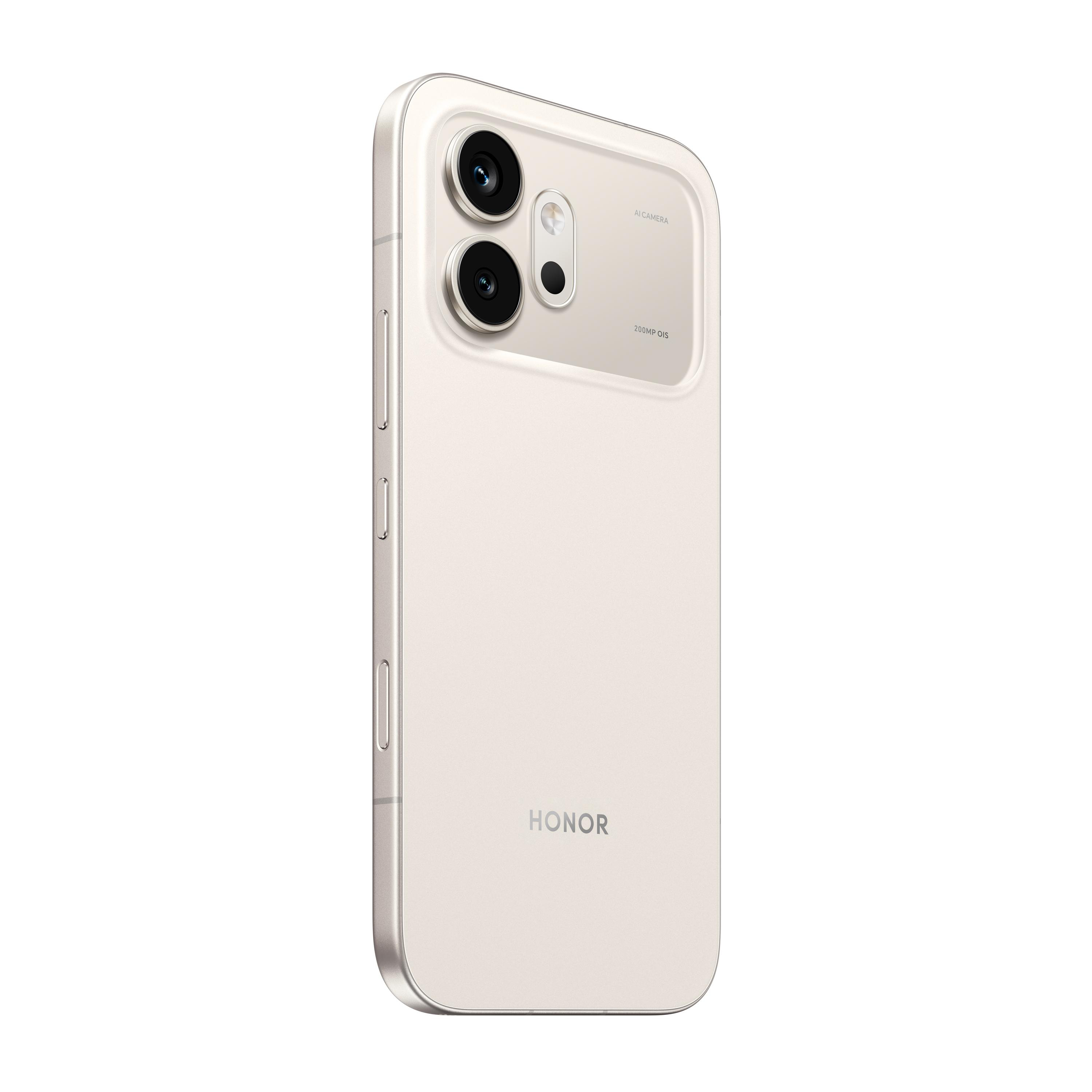 Ein hellbeiges Honor Smartphone mit zwei Kameras und dem Schriftzug Honor.