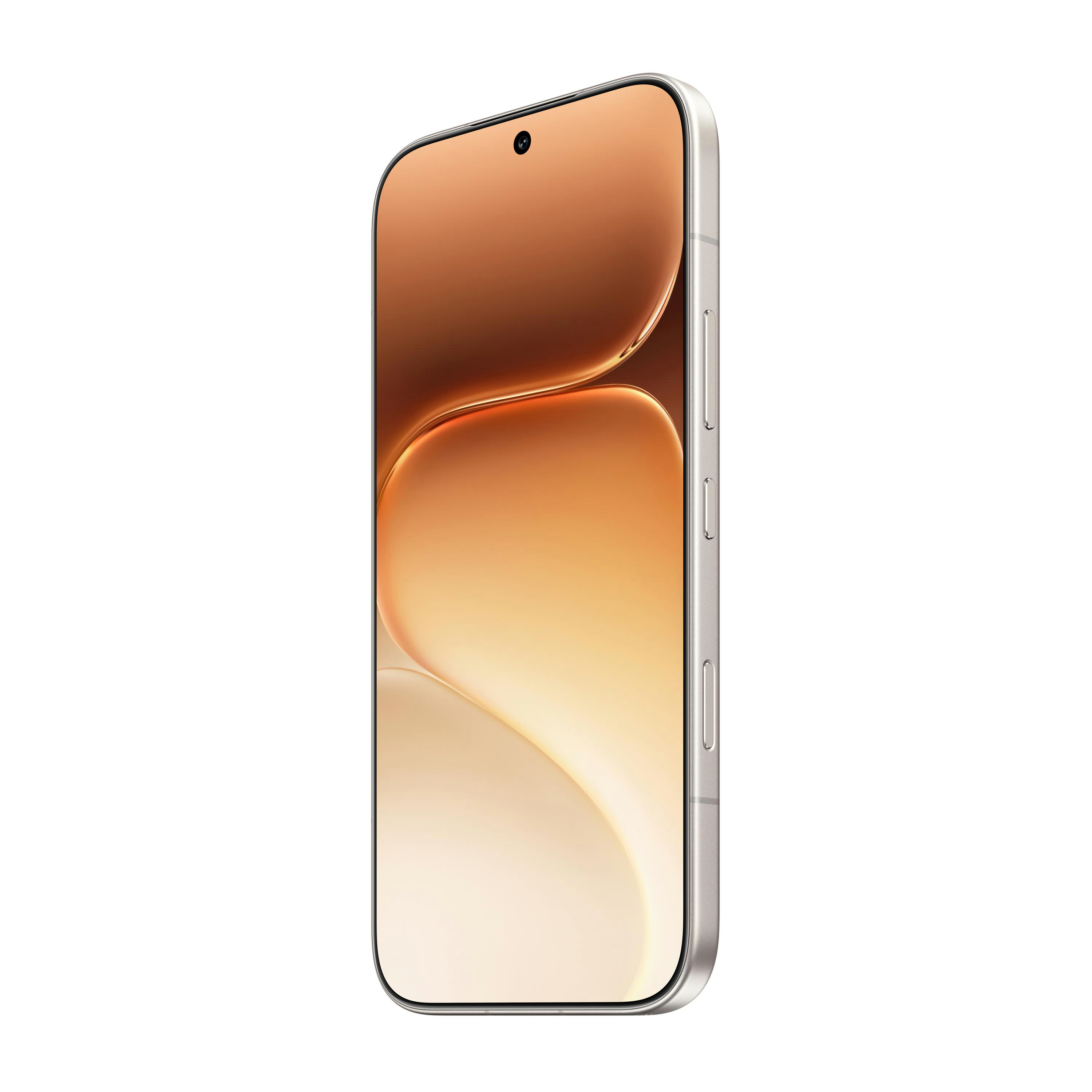 Ein silbernes Smartphone mit einem goldenen, fließenden Hintergrund.