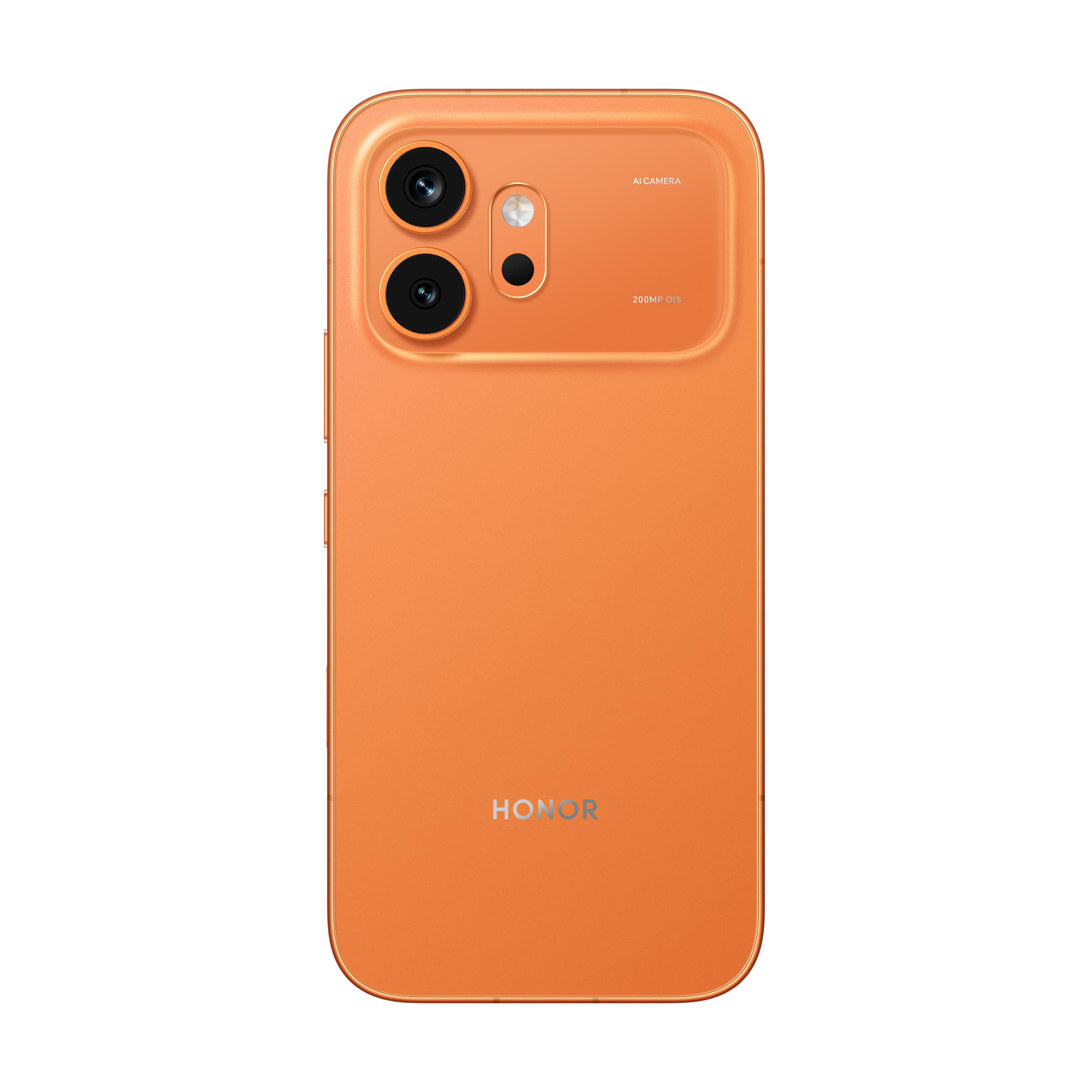 Ein orangefarbenes Smartphone mit einer Kameraeinheit oben links und dem HONOR-Logo.
