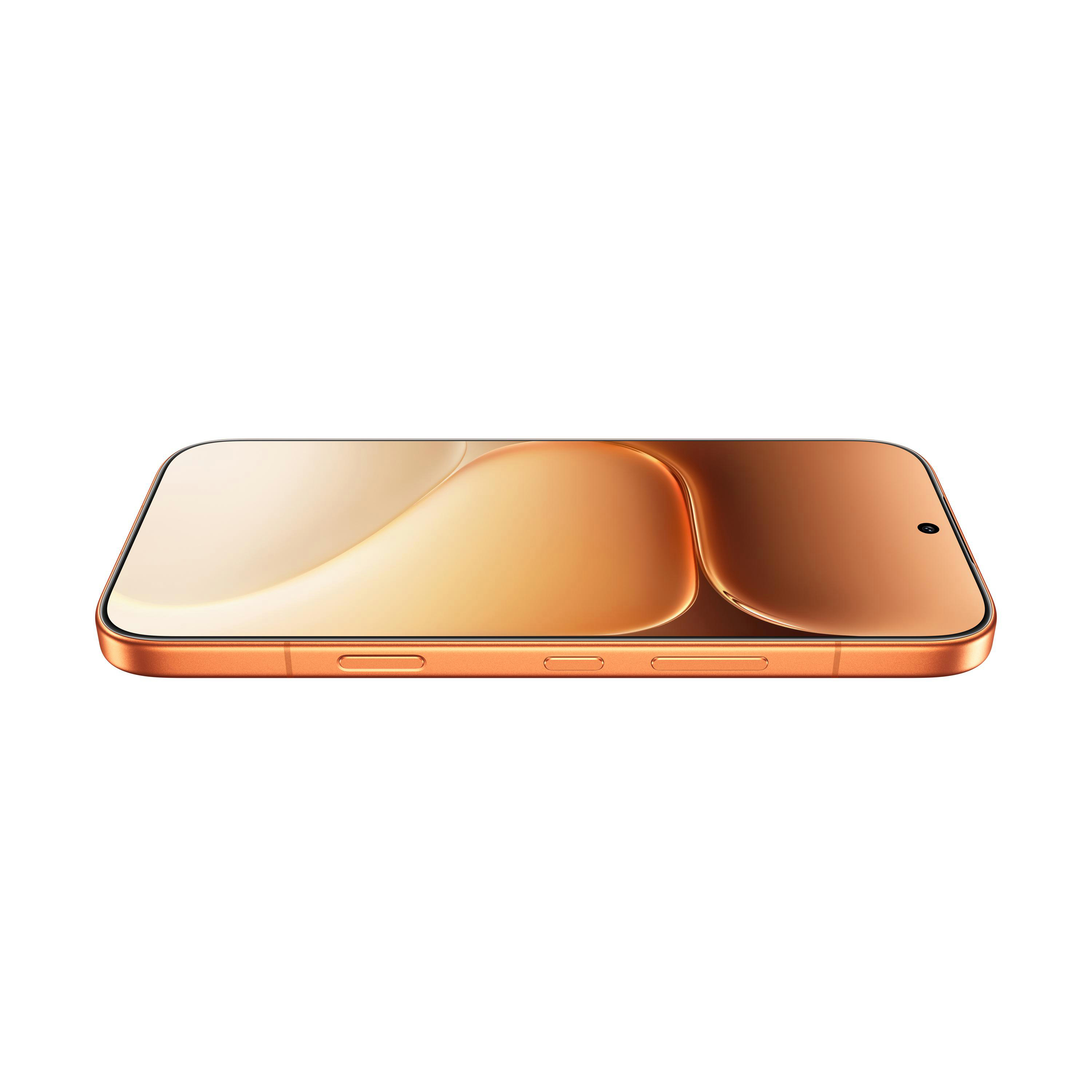 Ein orangefarbenes Smartphone mit abgerundeten Ecken und einem Wellenmuster auf dem Bildschirm.