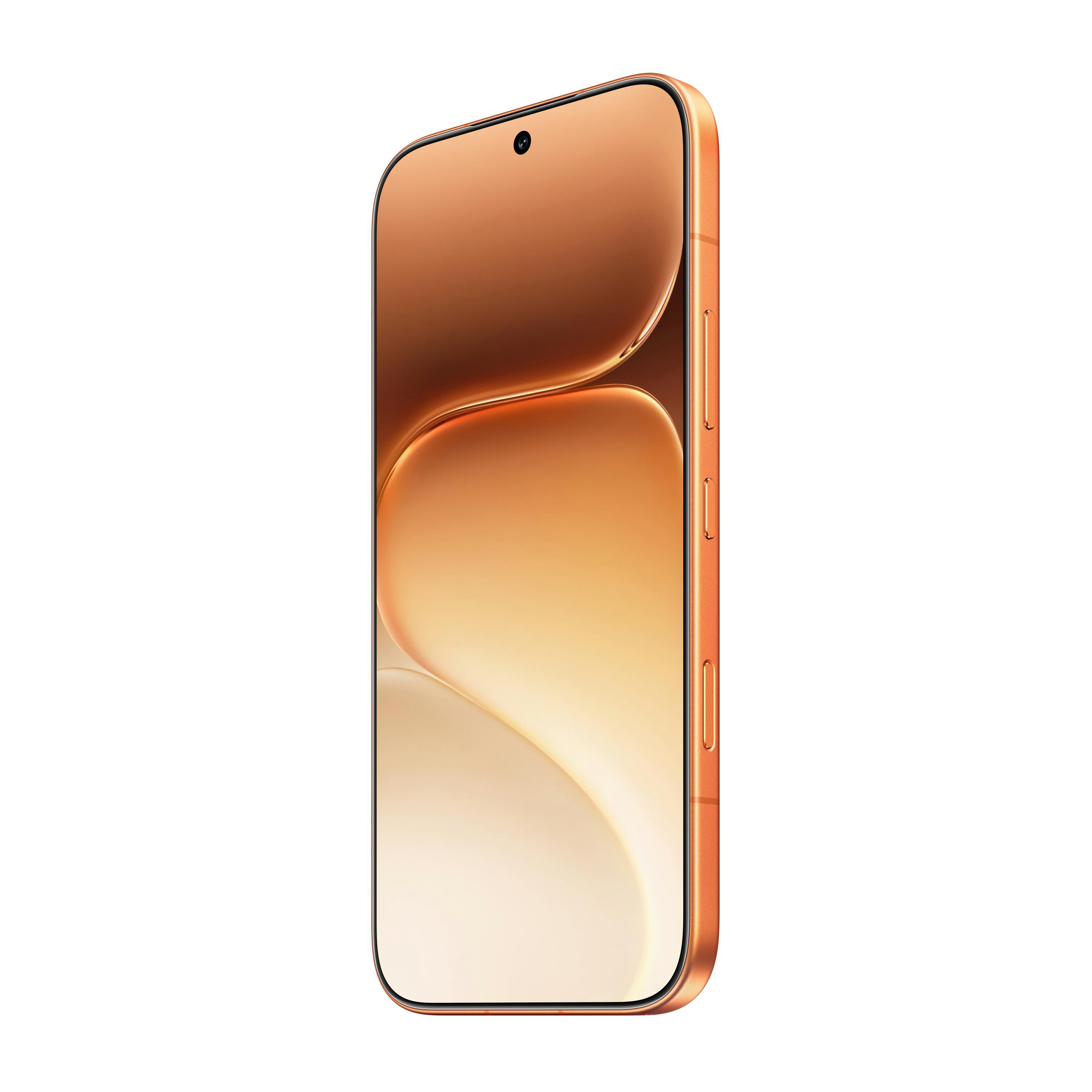 Ein orangefarbenes Smartphone mit einem Display, das einen Farbverlauf zeigt.