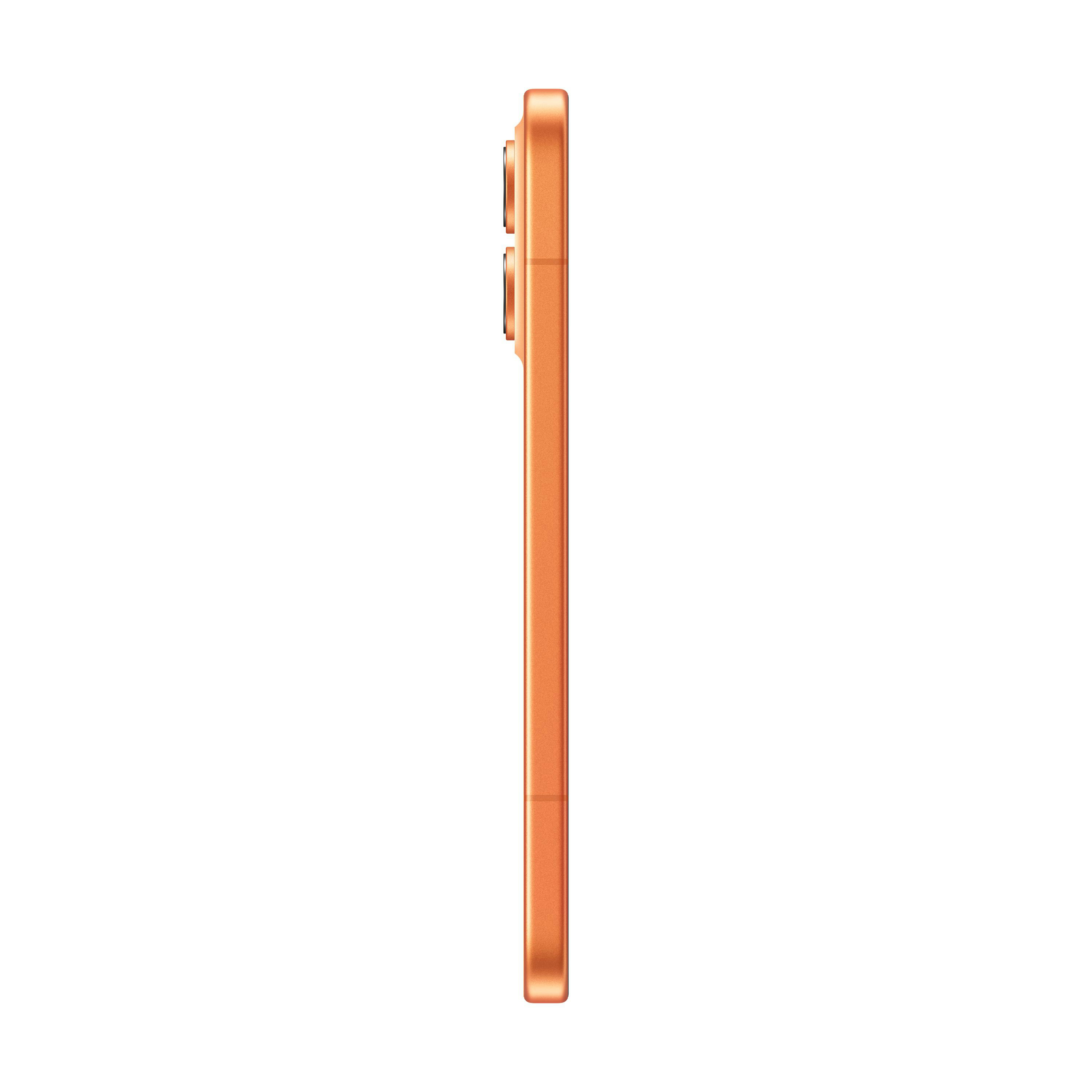 Orangefarbenes Smartphone von der Seite mit zwei Kameralinsen oben.