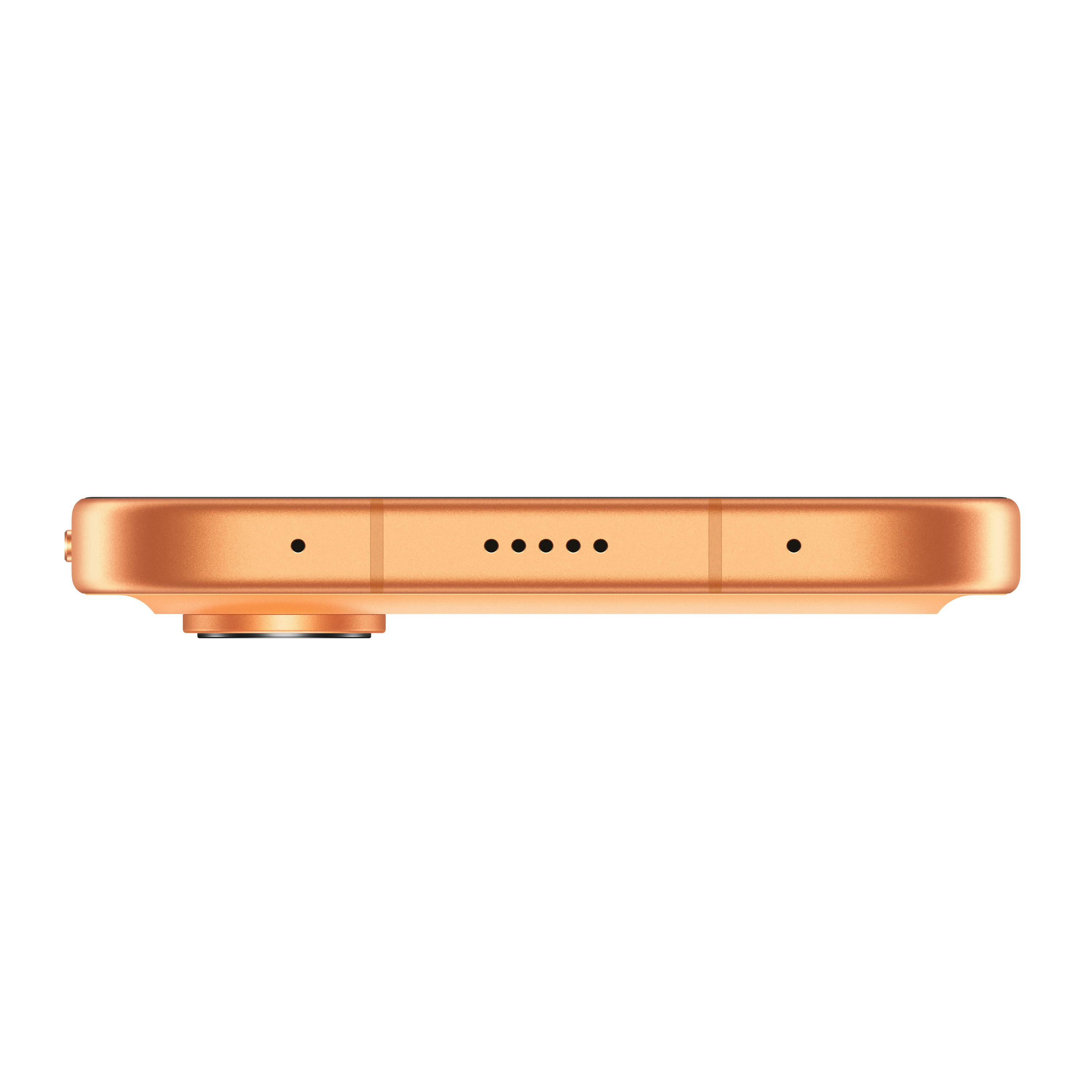 Detailansicht eines bronzefarbenen Smartphones von oben mit Kameralinse und Ladeanschlüssen.