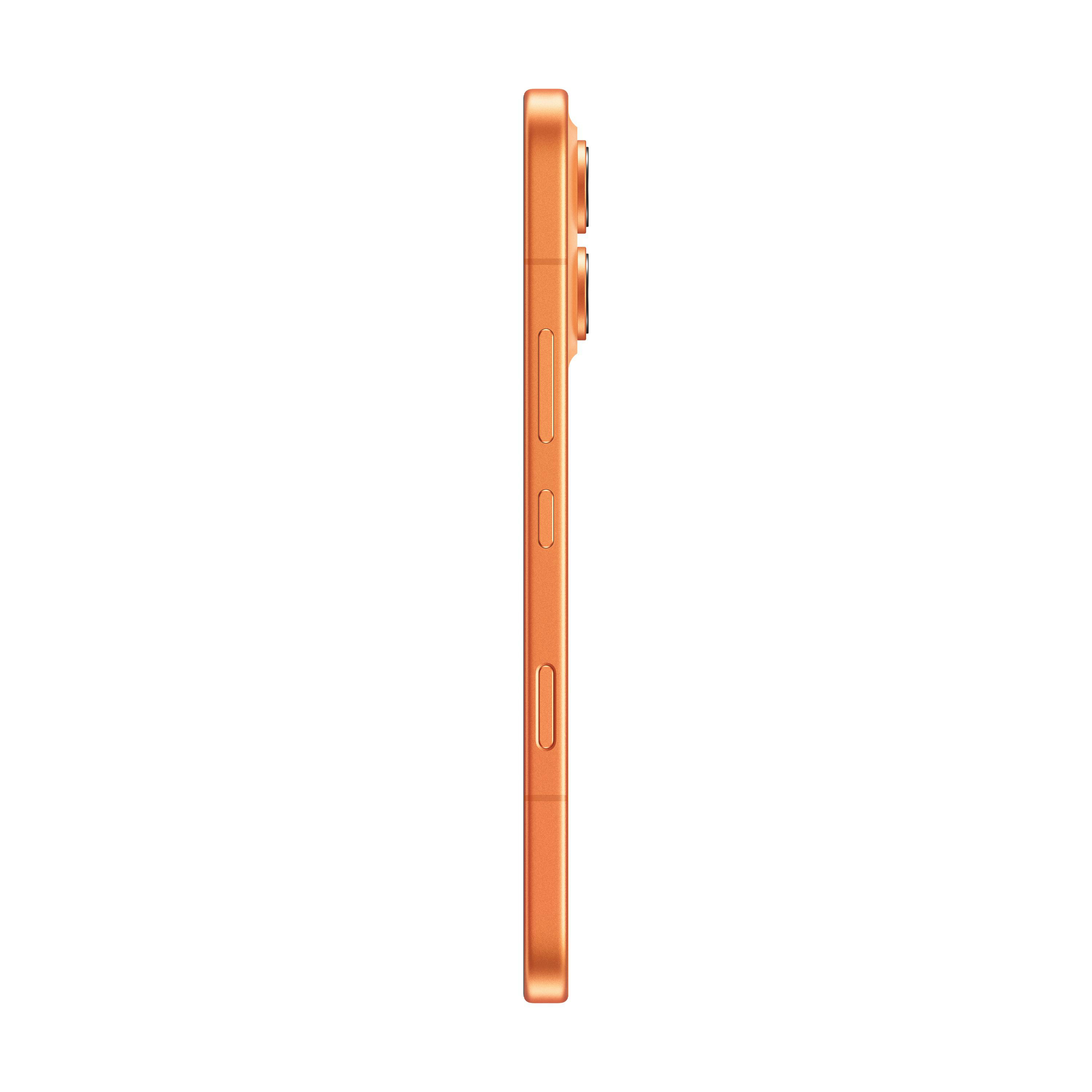Orangefarbenes Smartphone im Seitenprofil mit Kameras und Knöpfen.
