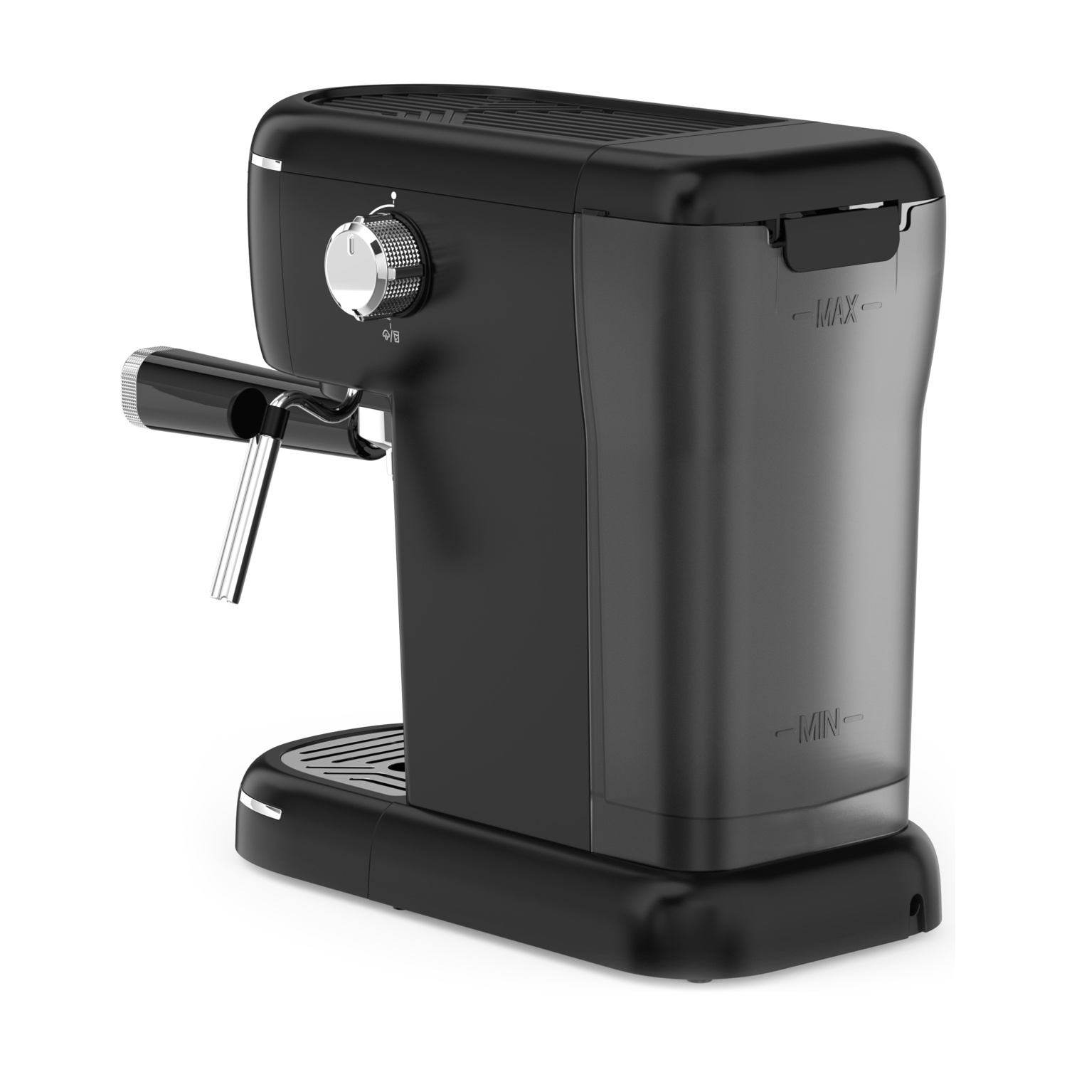 Una macchina per espresso nera con manico e quadrante cromati su sfondo bianco.