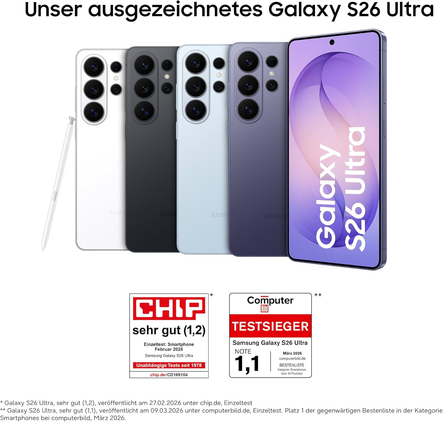 Fünf Samsung Galaxy S26 Ultra Smartphones in verschiedenen Farben mit S Pen.