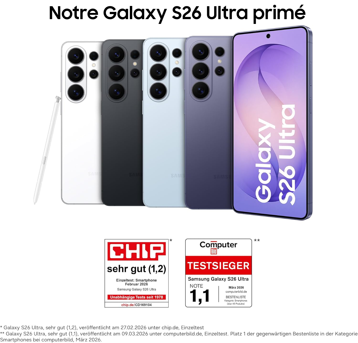 Quatre smartphones Samsung Galaxy S26 Ultra de différentes couleurs avec sceaux de test.