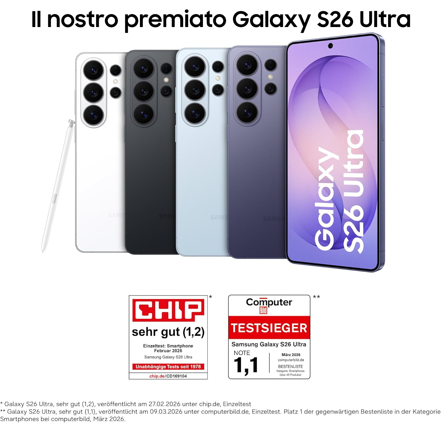 Cinque Samsung Galaxy S26 Ultra di vari colori uno accanto all'altro.