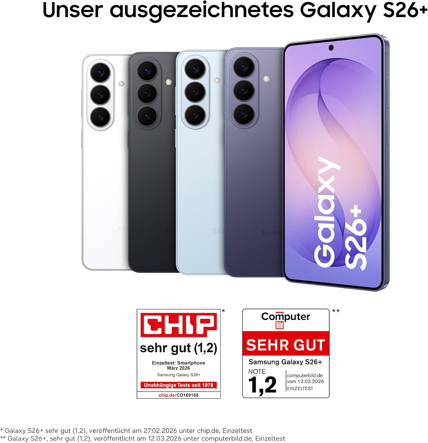 Vier Samsung Galaxy S26+ Smartphones in Weiß, Grau, Hellblau und Lila nebeneinander.