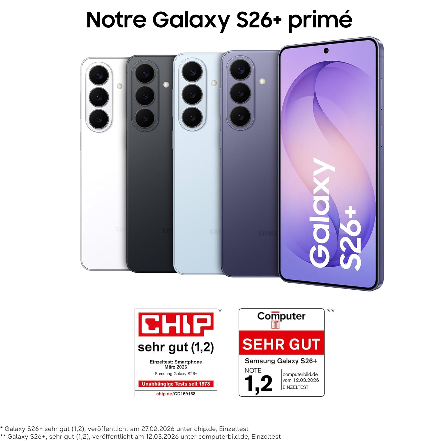 Quatre smartphones Samsung Galaxy S26+ en blanc, noir, bleu clair et violet.