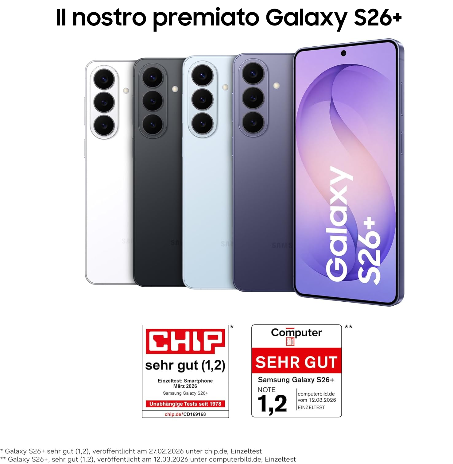 Quattro smartphone Samsung Galaxy S26+ in bianco, grigio, azzurro e viola.