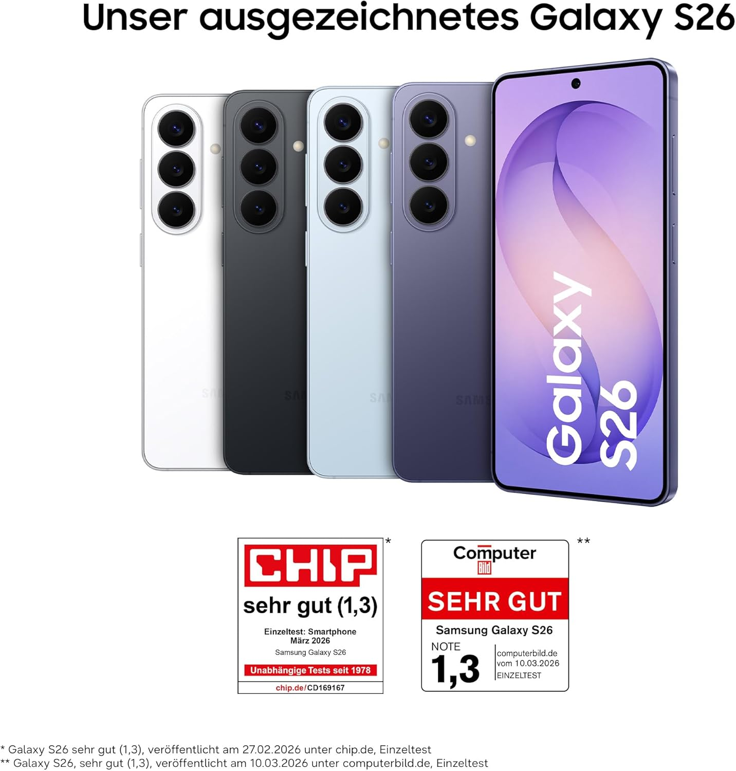 Vier Samsung Galaxy S26 Smartphones in Weiß, Grau, Hellblau und Lila.