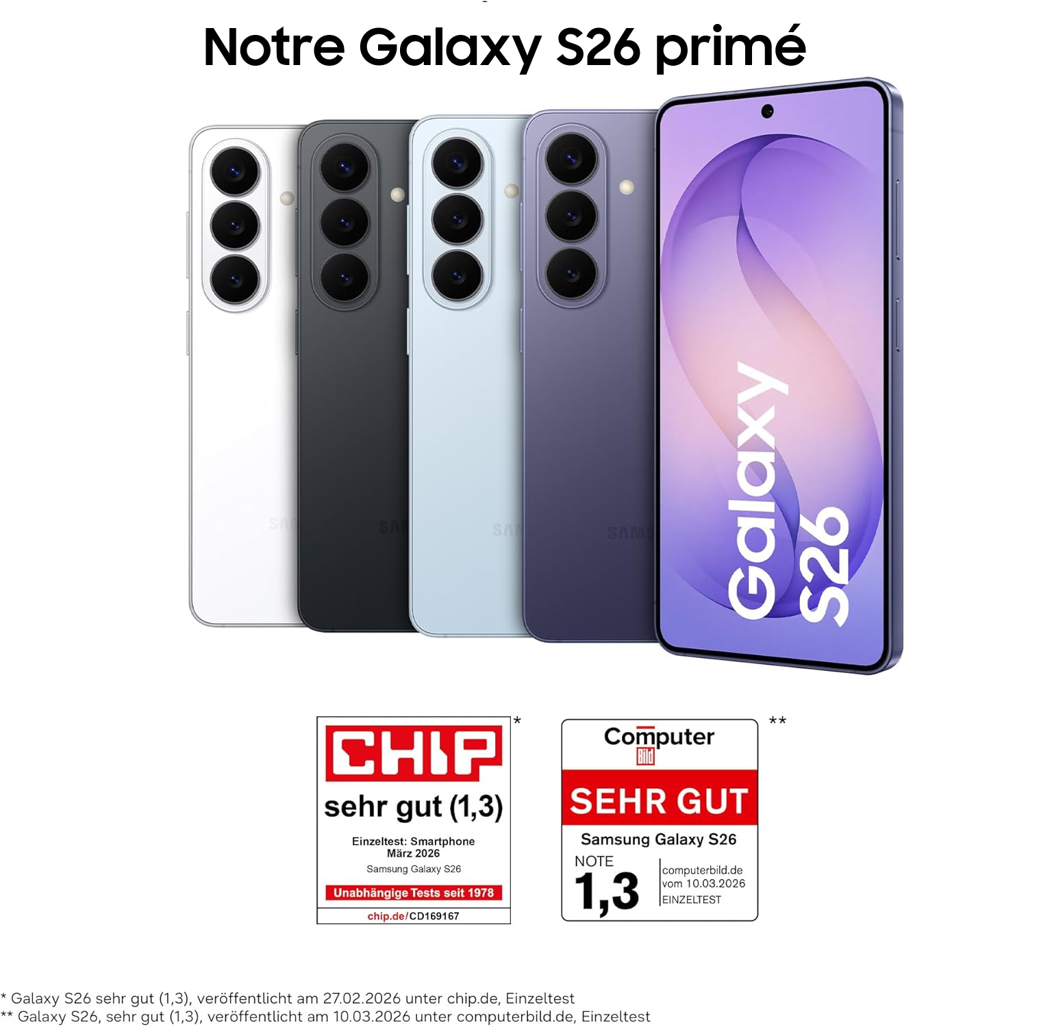 Quatre smartphones Samsung Galaxy S26 de différentes couleurs, avec des prix.