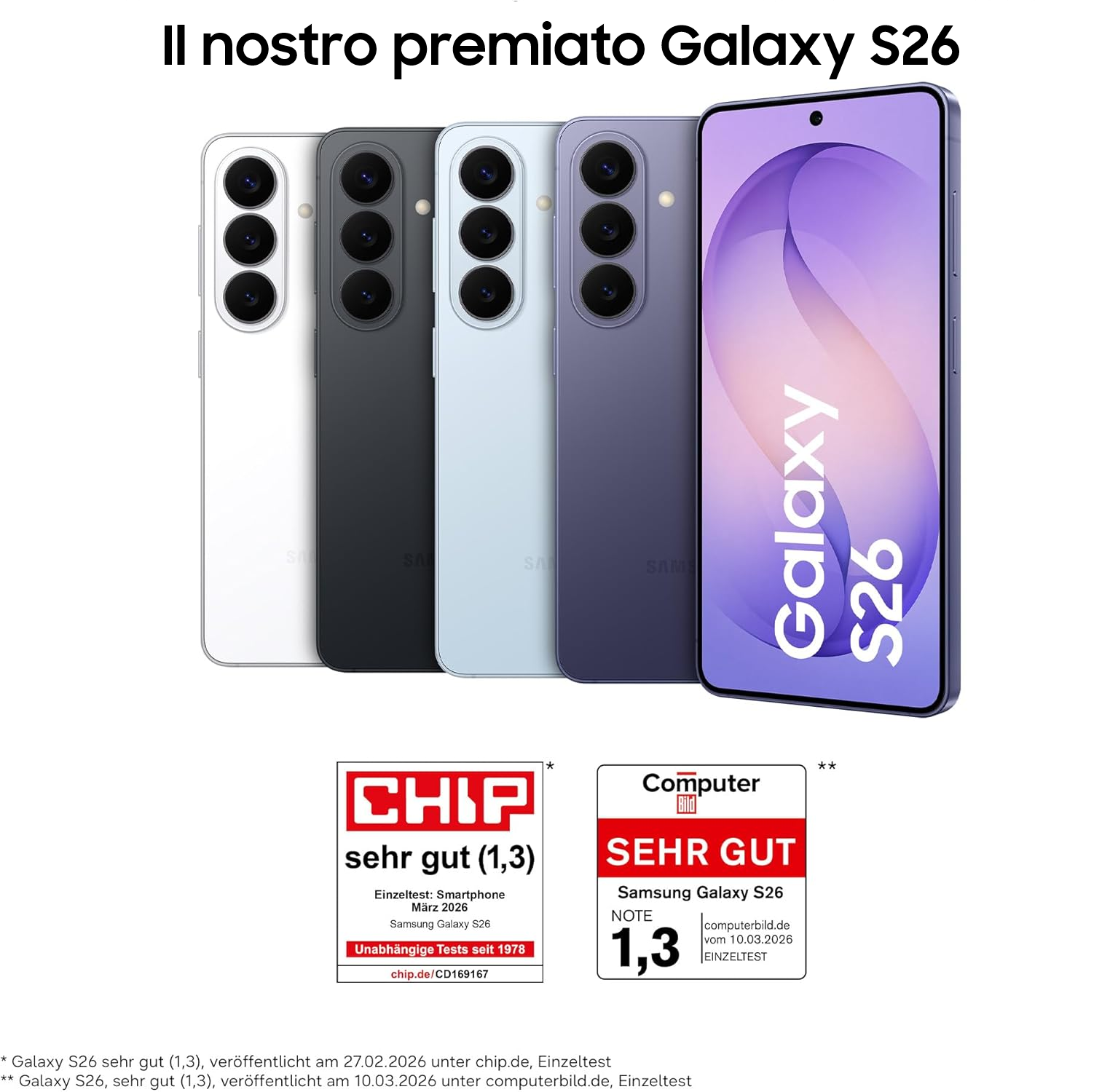 Quattro smartphone Samsung Galaxy S26 in vari colori, con premi.