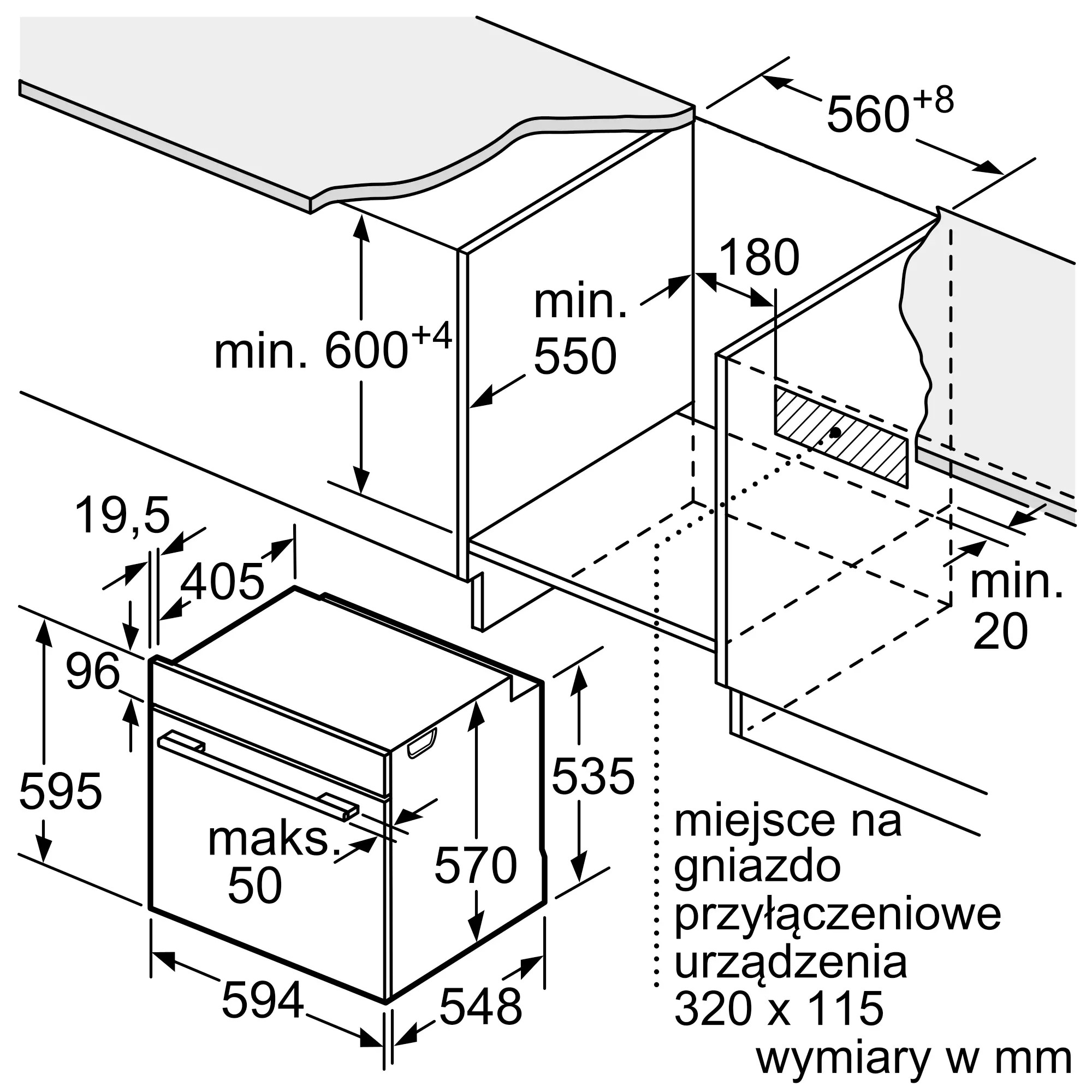 Rysunek instalacyjny urządzenia z wymiarami: wysokość 595, szerokość 594, głębokość 570.