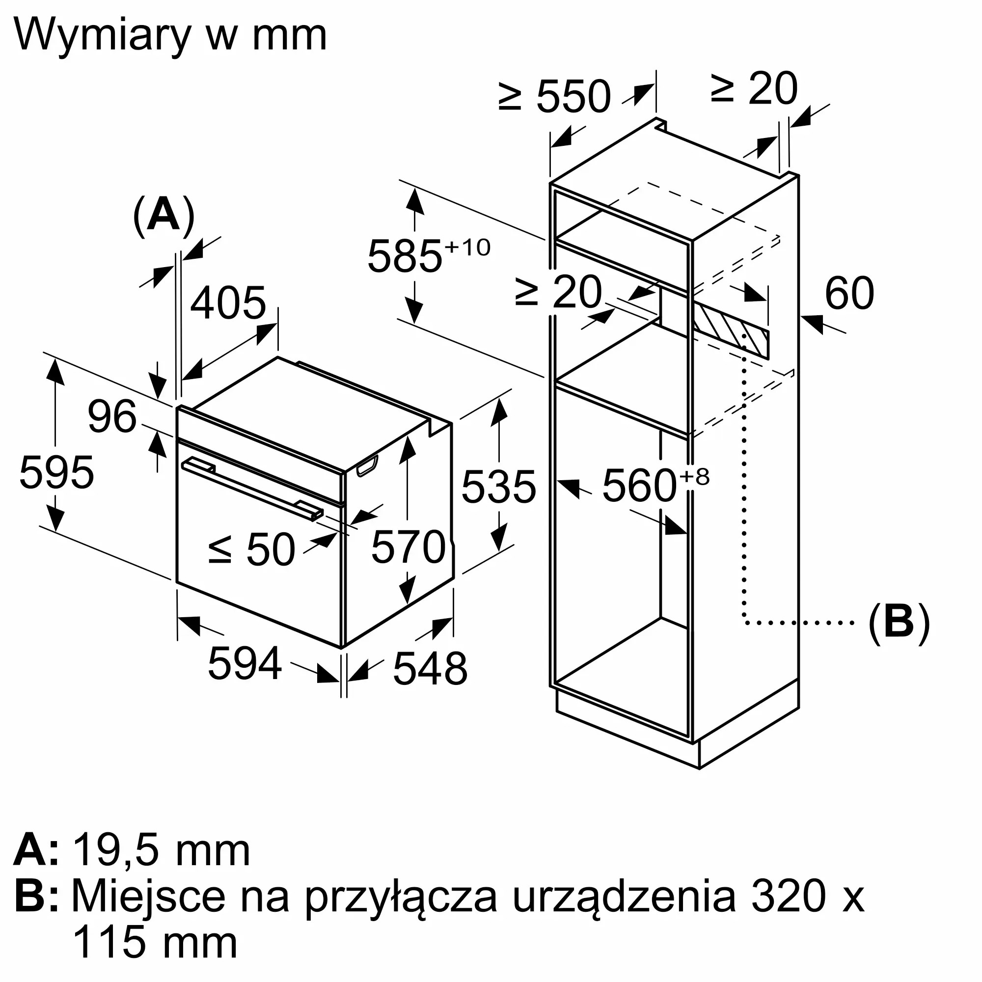 Rysunek techniczny z wymiarami urządzeń do zabudowy. Po lewej piekarnik, po prawej szafka.