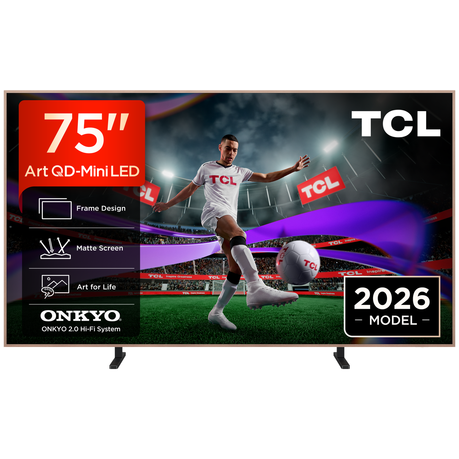 Een 75-inch TCL QD-Mini LED TV met voetballer-thema en '2026 MODEL'-tekst.