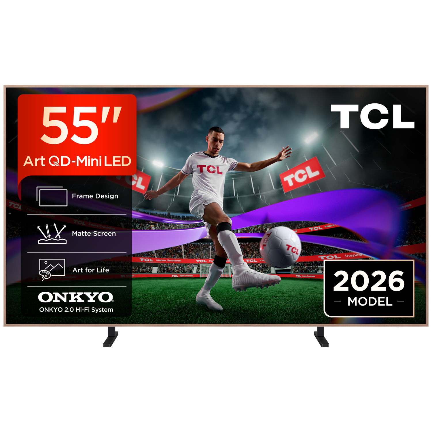 A soccer player kicks a ball. The TV displays 55" Art QD-Mini LED, 2026 model.