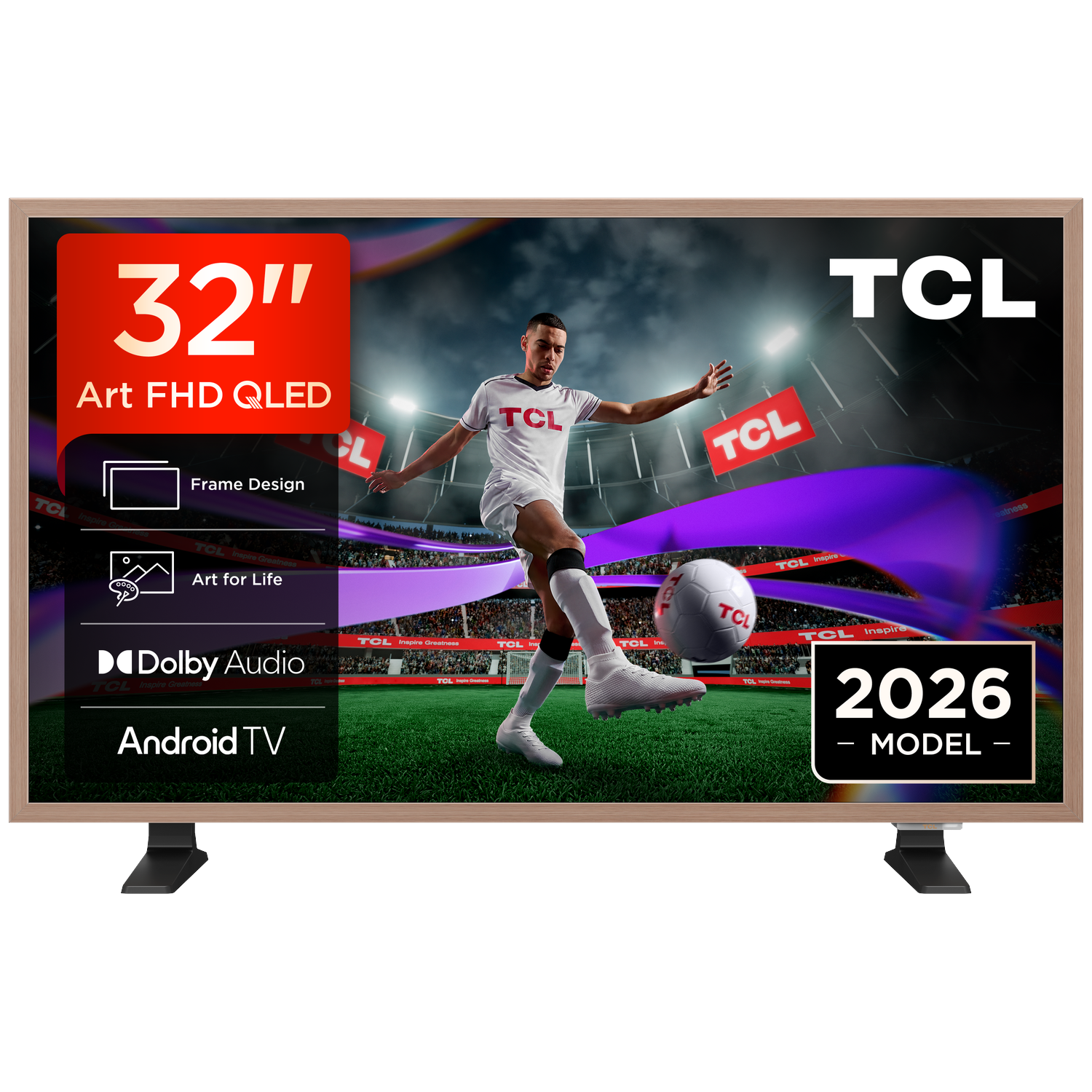 Een 32-inch TCL TV toont een voetballer die een bal schopt, met Android TV.