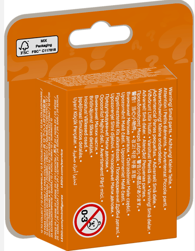 Verpackung mit Warnhinweisen, FSC-Logo und mehrsprachigen Texten.