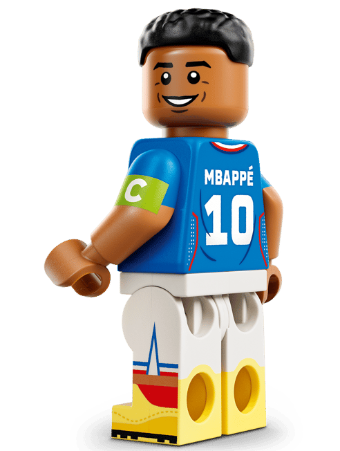 Lego-Fußballfigur von Mbappé in blauem Trikot mit Nummer 10 und gelben Schuhen.