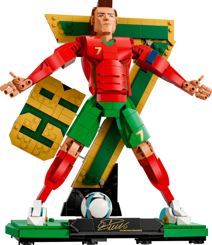 Ein Lego-Modell von Cristiano Ronaldo in Rot und Grün mit einer Nummer 7 auf der Brust.