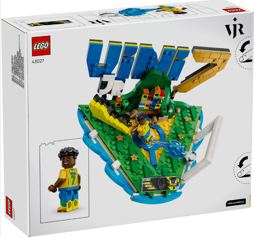 LEGO-Set mit Fußballspieler Vinícius Júnior, grüner Insel, blauem Wasser und Schriftzug.