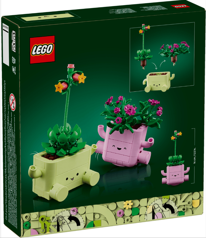 LEGO-Box mit zwei Topfpflanzen-Sets, eine grüne und eine rosa.