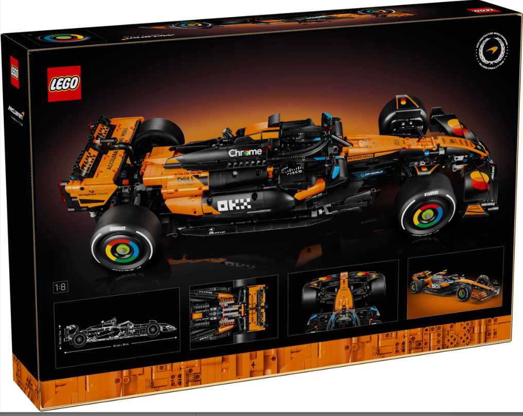 LEGO McLaren Formel-1-Auto-Bausatz auf schwarzem Karton mit orangen und schwarzen Details.