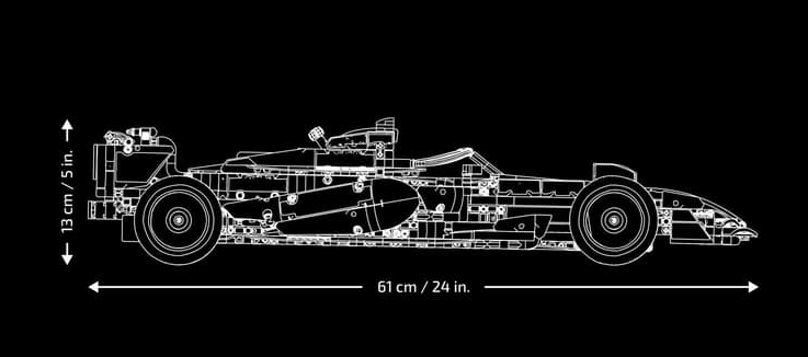 Technische Zeichnung eines Formel-1-Autos mit Maßen: 61 cm Länge, 13 cm Höhe.