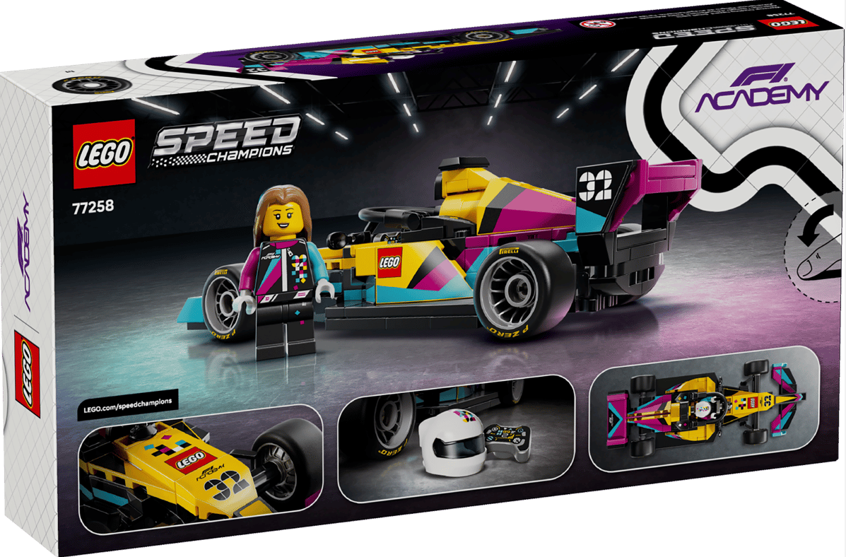 LEGO Speed Champions F1 Academy Set mit Rennwagen, Minifigur, Helm und Controller.