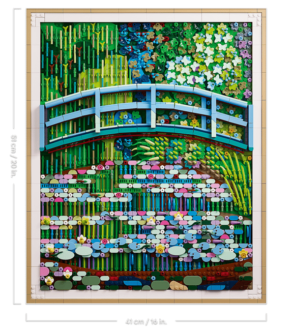 Ein LEGO-Modell von Monets Garten mit Brücke und Seerosen.