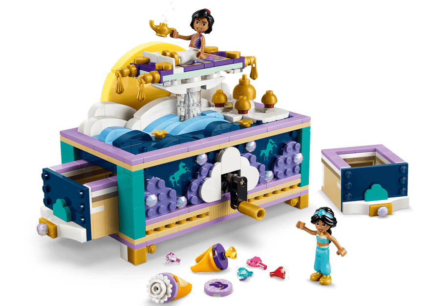 Ein Lego-Set mit einer Spieluhr, Aladdins Figur und Juwelen.