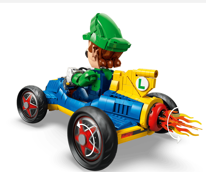 Luigi in einem blauen und gelben Go-Kart mit Flammenausstoß.