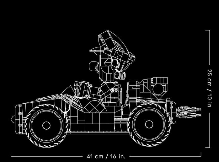 Eine weiße Zeichnung eines Lego-Fahrzeugs mit einem Charakter und Flammen am Heck.
