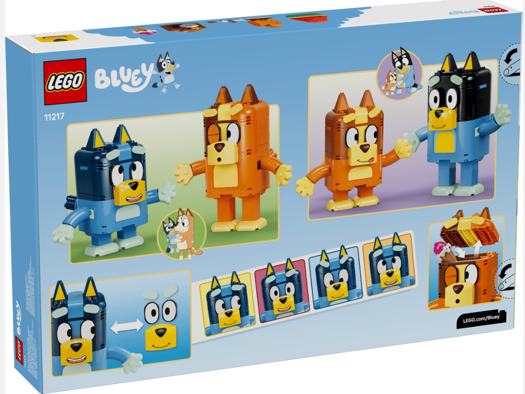 Lego Bluey Karton zeigt Charaktere und Spielfunktionen, inklusive baubarer Figuren.