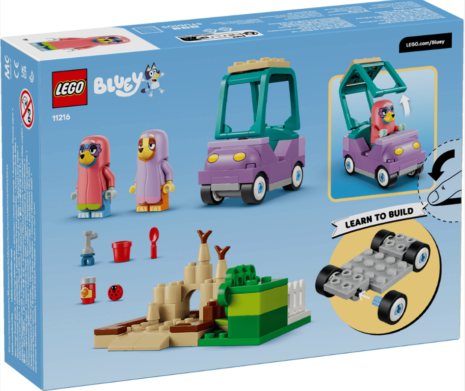 Lego Bluey Spielzeug: Lila Auto, Figuren, Haus und Bauanleitungen.