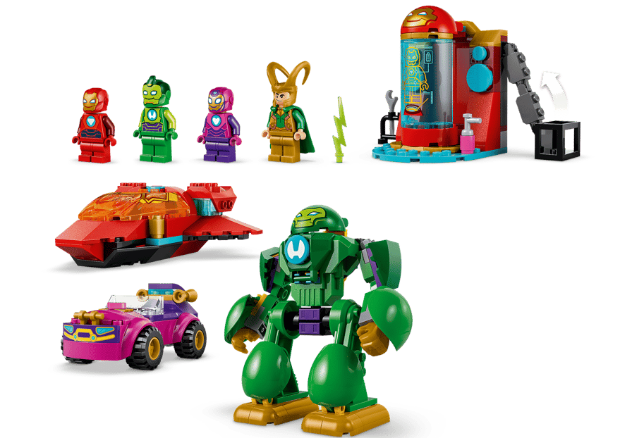 LEGO-Figuren: Iron Man, Loki, grüne und lila Figuren, ein Mech, Auto, Rakete und Labor.