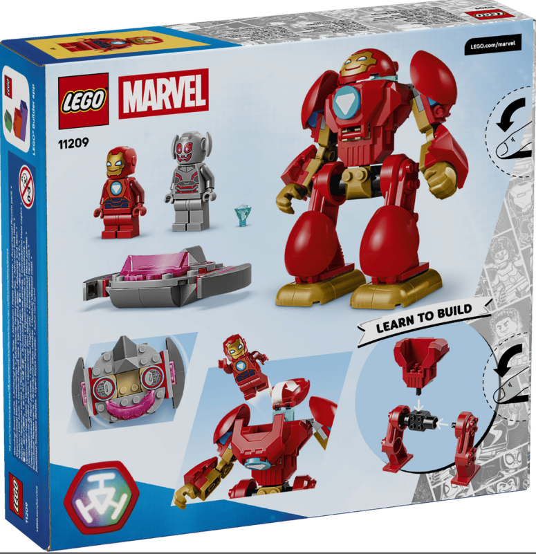 Lego Marvel-Kartonkunst mit Iron Man, Ultron, Hulkbuster-Mech und Fahrzeug.