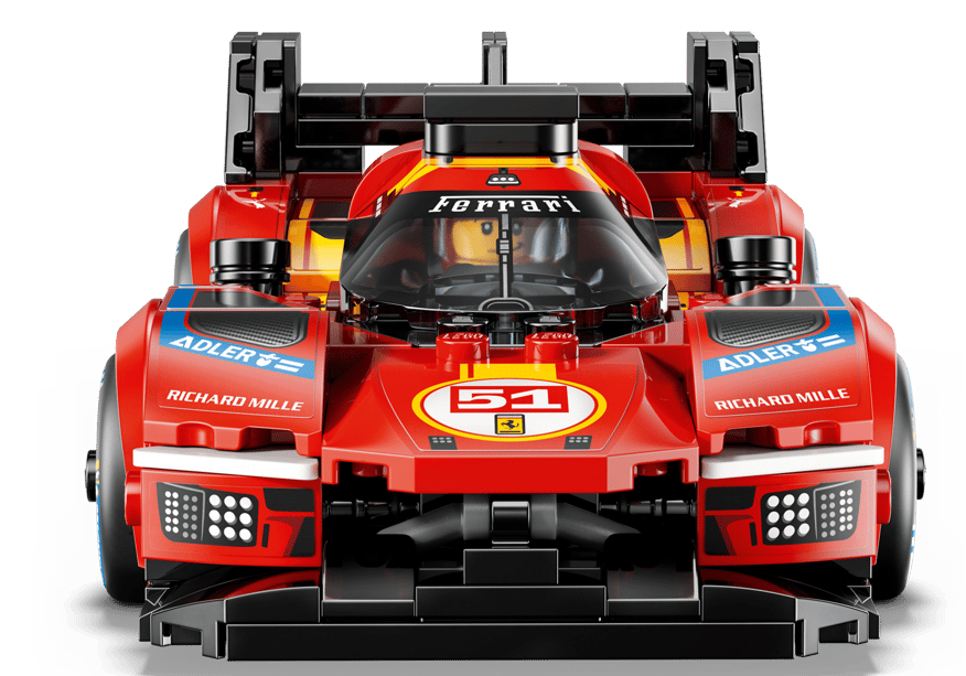 Ein roter Lego-Ferrari-Rennwagen mit der Nummer 51 und Sponsorenaufdrucken.