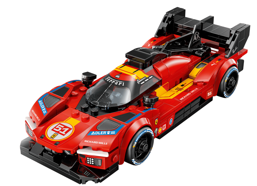 Ein roter Lego-Rennwagen mit gelben und schwarzen Akzenten, Nummer 51.