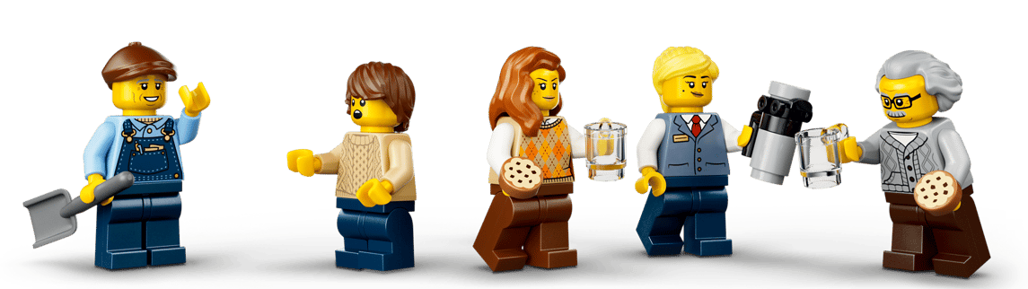 Fünf Lego-Figuren: Arbeiter mit Schaufel, Mann mit Pullover, Frau mit Keks & Bier, Kellnerin, Mann mit Bier & Keks.