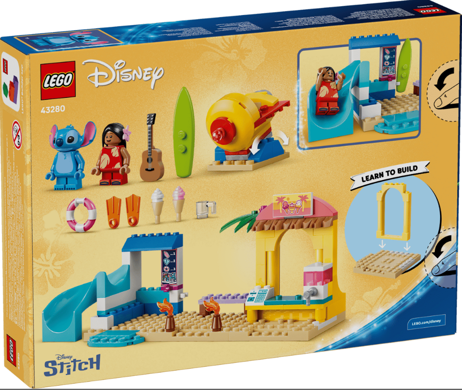 Lego Disney Stitch Set mit Figuren, Rutsche, Eisstand und Surfbrett.