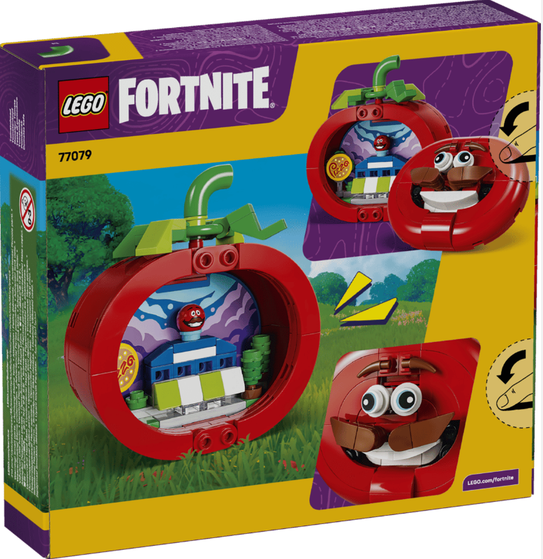 Lego Fortnite Tomaten-Spielzeugkiste. Zeigt eine Tomatenfigur und Mini-Szene.