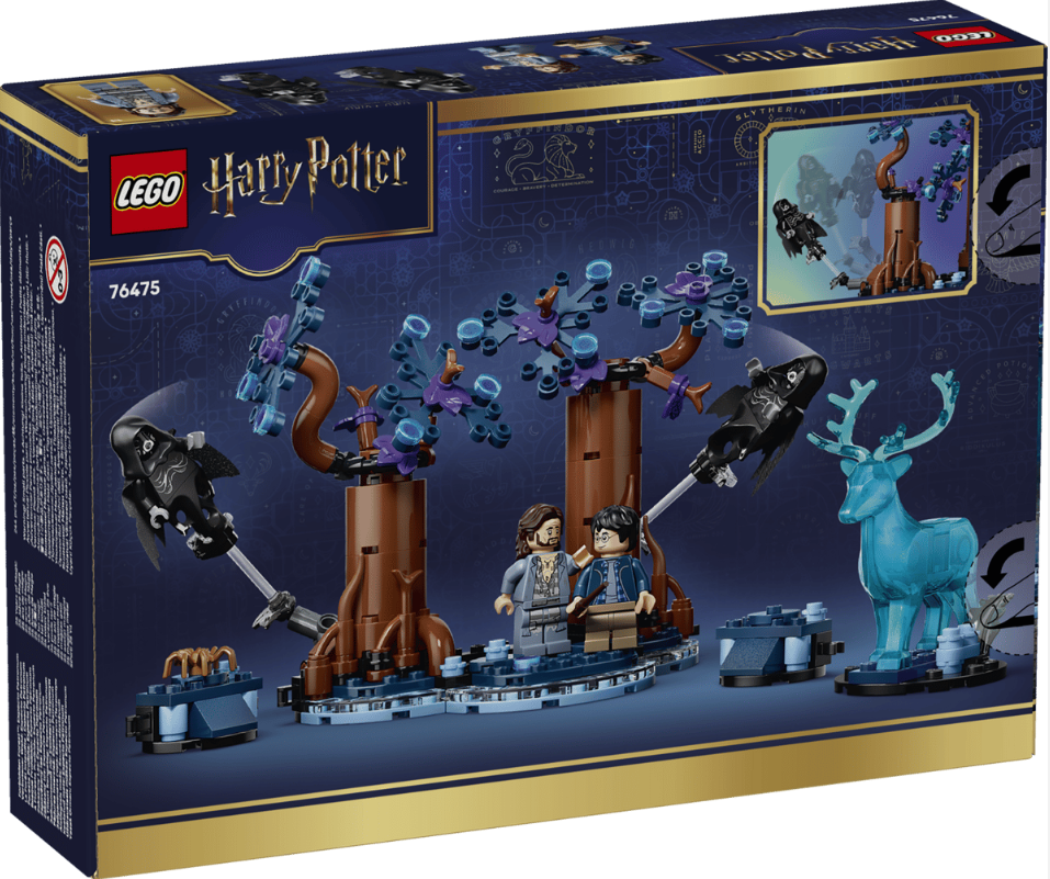 Lego Harry Potter Set mit Figuren, einem Patronus-Hirsch, einem Baum und einem Flugtier.