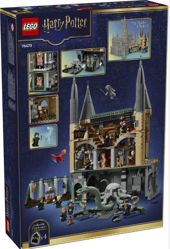 Lego Harry Potter Schloss mit Figuren, einer Schlange und einem roten Vogel.
