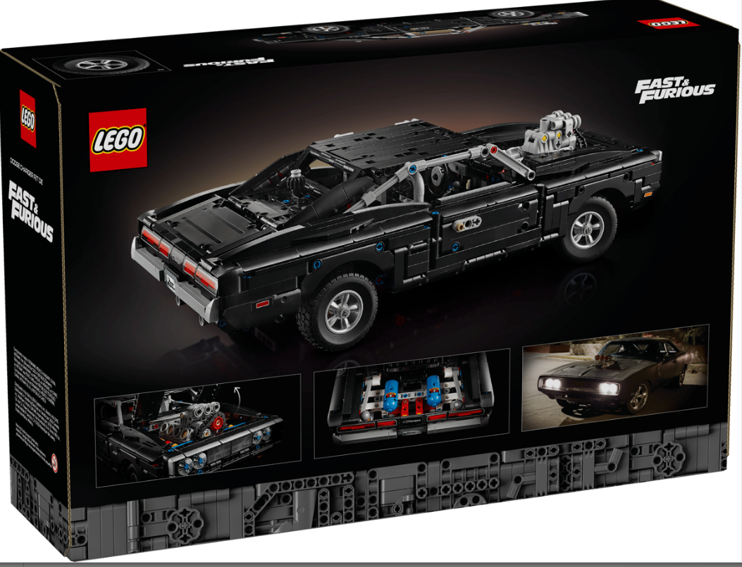 Schwarzes Lego Dodge Charger Modell mit V8-Motor und "Fast & Furious"-Logo.